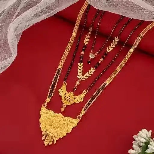 Feminine Elegant Mangalsutras | Gold-Plated Alloy with Artificial Beads, Non-Adjustable, Free Size, Set of 4