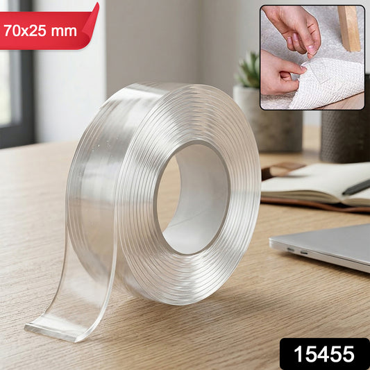 Heavy duty transparent double-sided nano adhesive tape by Wukusy, 70x25mm, shown on a white background with clean edges.