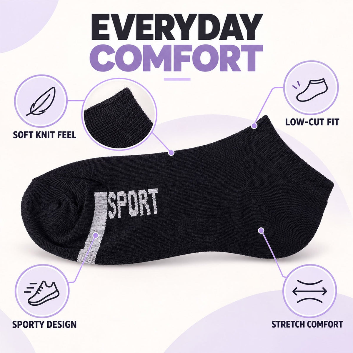Wukusy sport print ankle socks, soft stretchable low cut gym and running socks shown in white with black and colorful patterns.