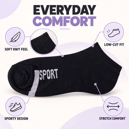 Wukusy sport print ankle socks, soft stretchable low cut gym and running socks shown in white with black and colorful patterns.