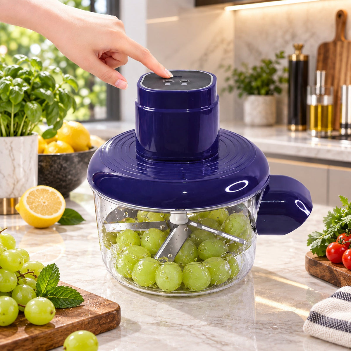 Wukusy B Grade electric food chopper with steel blades and clear bowl, showing the compact kitchen appliance on a countertop.