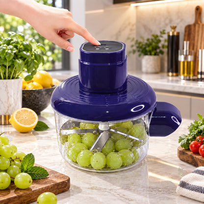 Wukusy B Grade electric food chopper with steel blades and clear bowl, showing the compact kitchen appliance on a countertop.