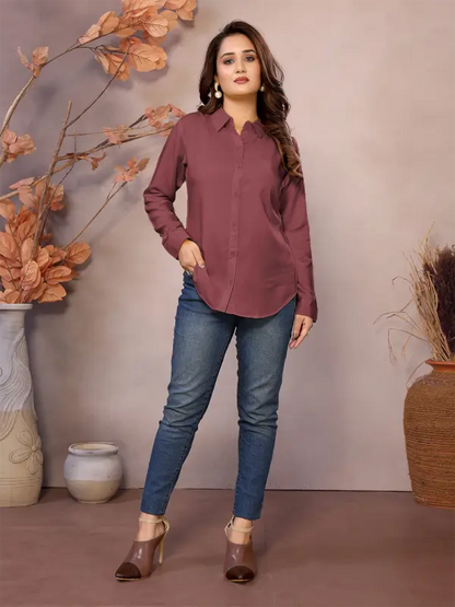 Golden Pure Viscose Collared Neck Hip Length Half Sleeve Shirt For Women