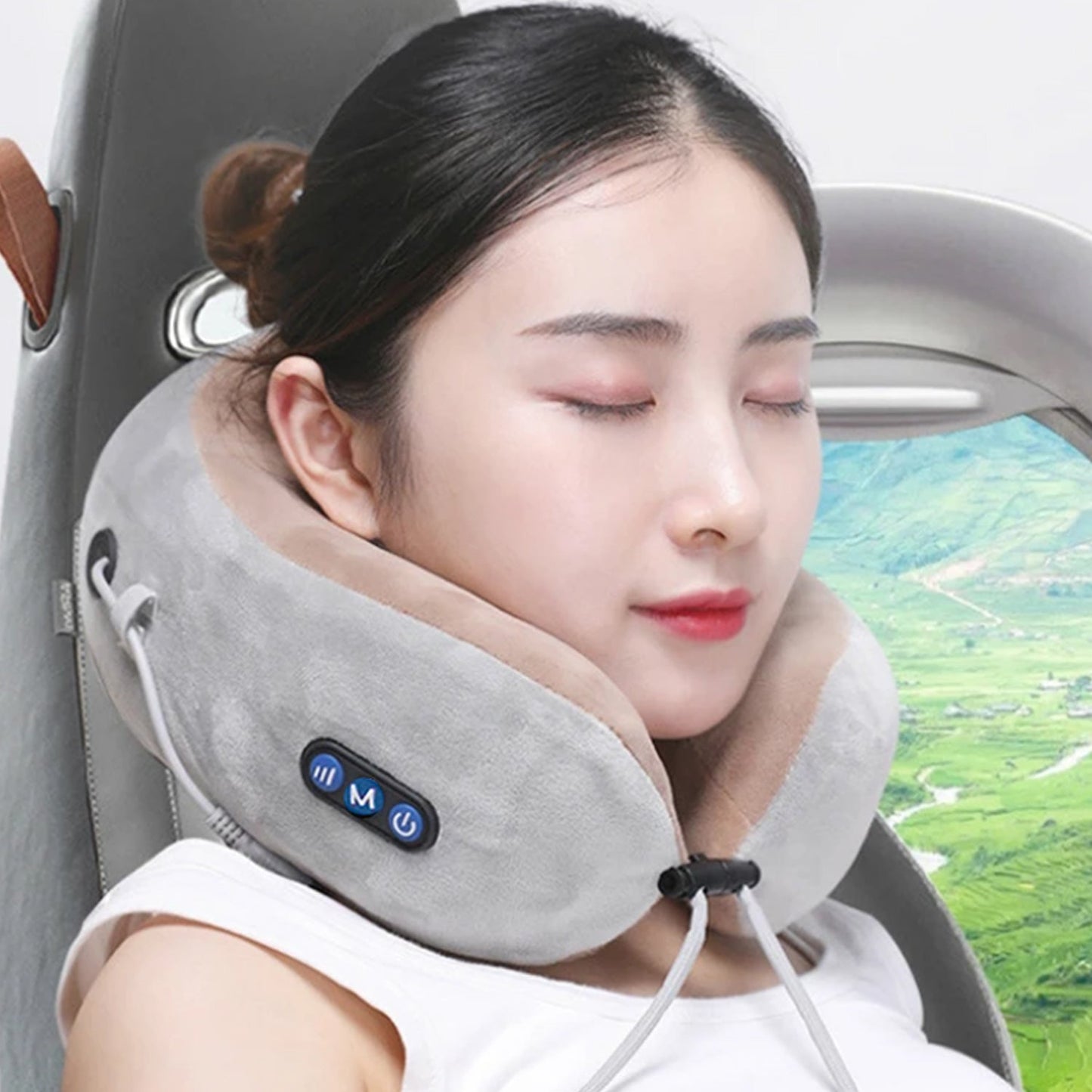 Wukusy U-shaped electric neck massage pillow showing black cordless travel neck massager with control buttons on fabric surface.