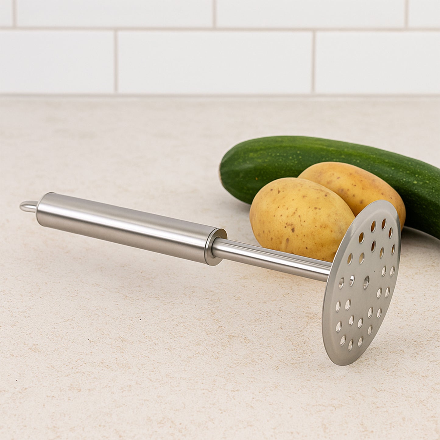 Wukusy Supermom heavy-duty stainless steel potato masher with ergonomic handle for efficient mashing of potatoes and vegetables.