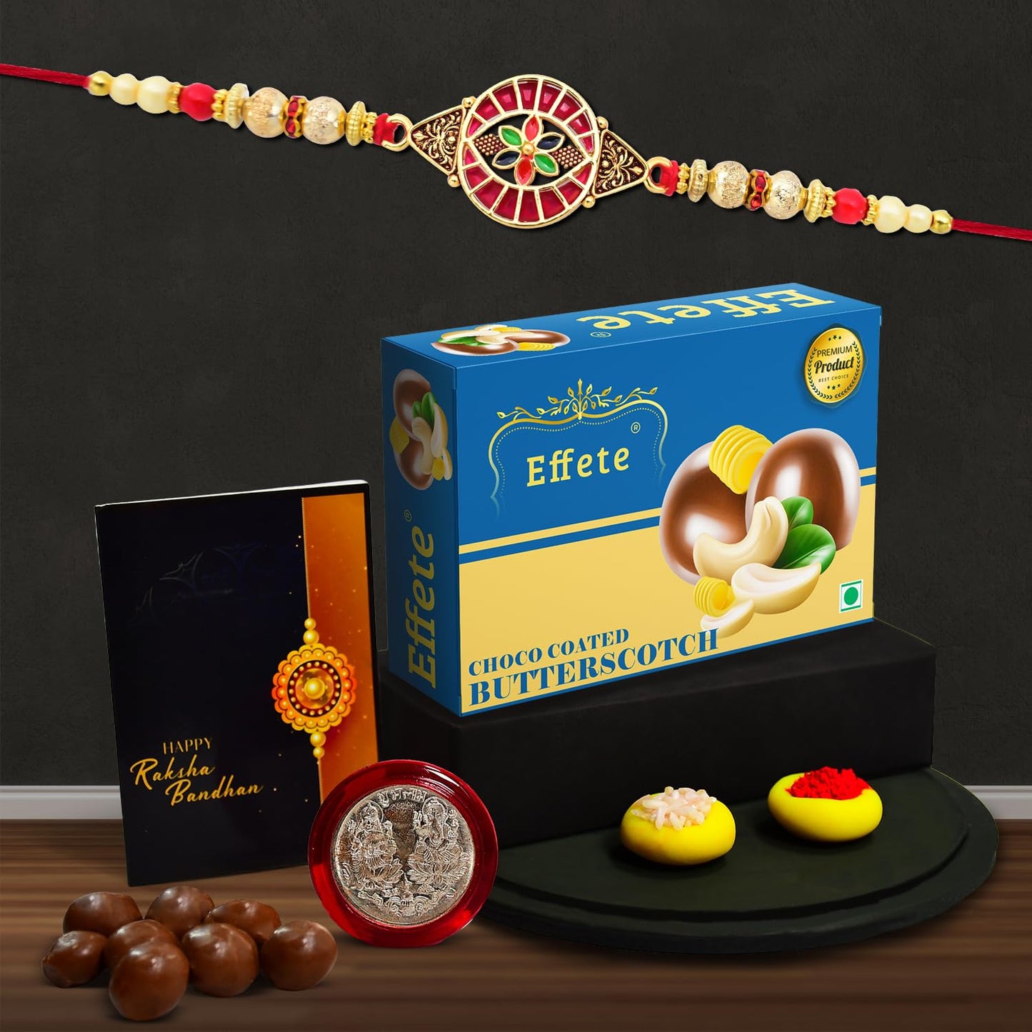 Stylish handmade Rakhi with chocolate Butter Scotch 32g for brother, featuring intricate design and gift-ready presentation.