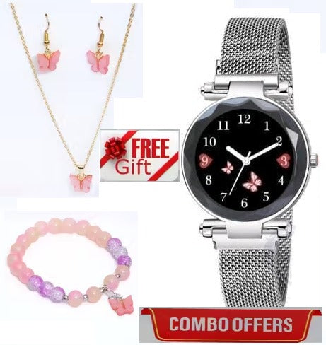 Women's butterfly design analog watch with bracelet, necklace, and earrings from Drpshippr Women's Collection displayed on a white background.