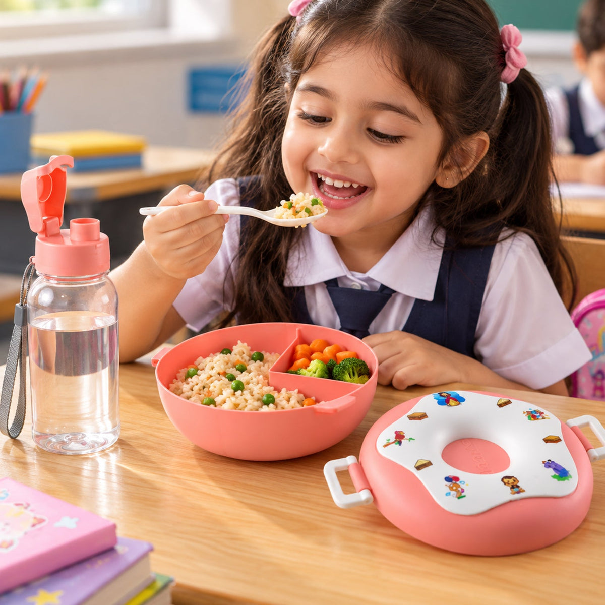 Kids Plastic Divided Lunch Box With Water Bottle For School (2 Pc Set)