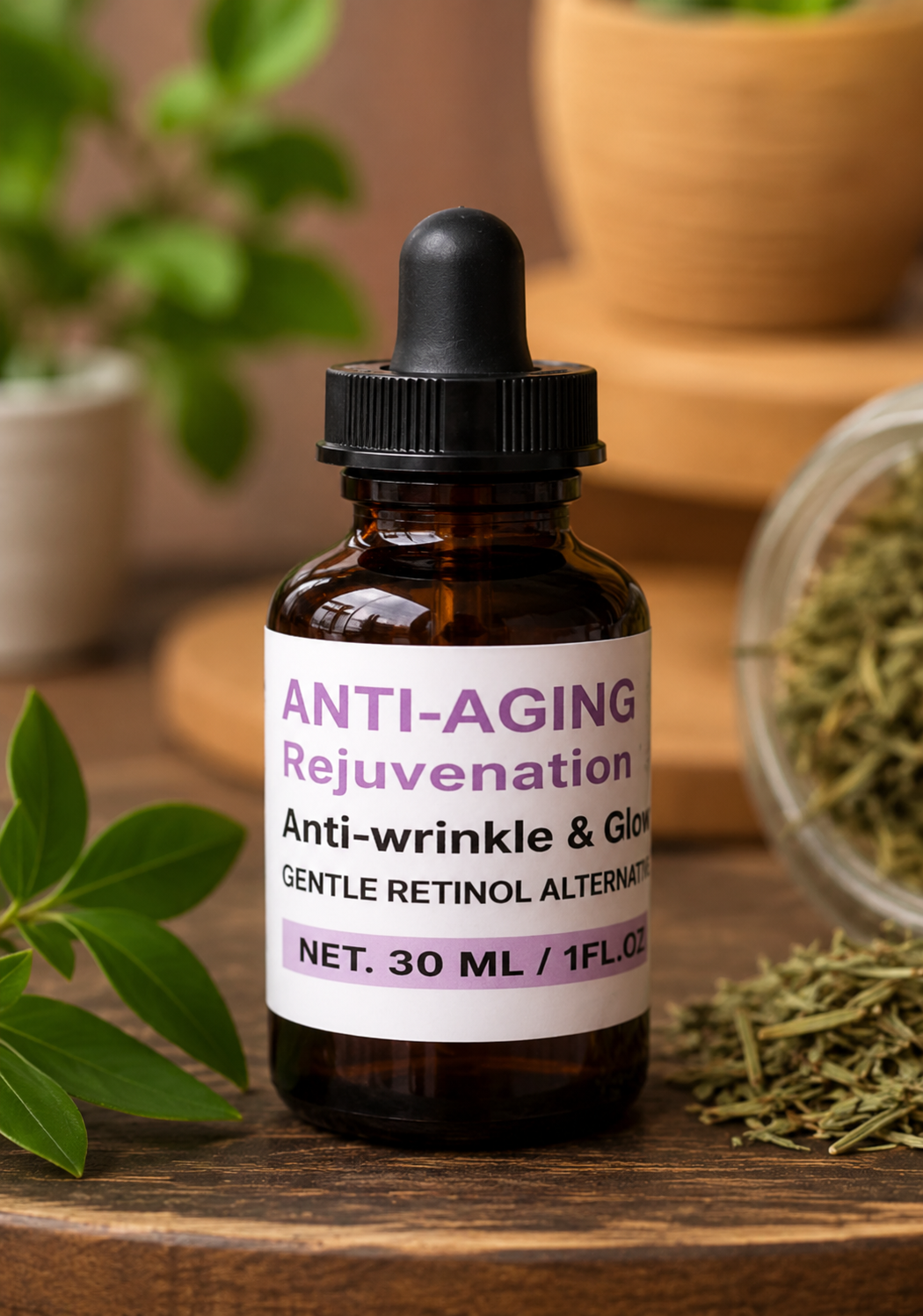 Dropdash anti-aging retinol serum bottle showing 30ml size, designed to reduce wrinkles and enhance skin glow.