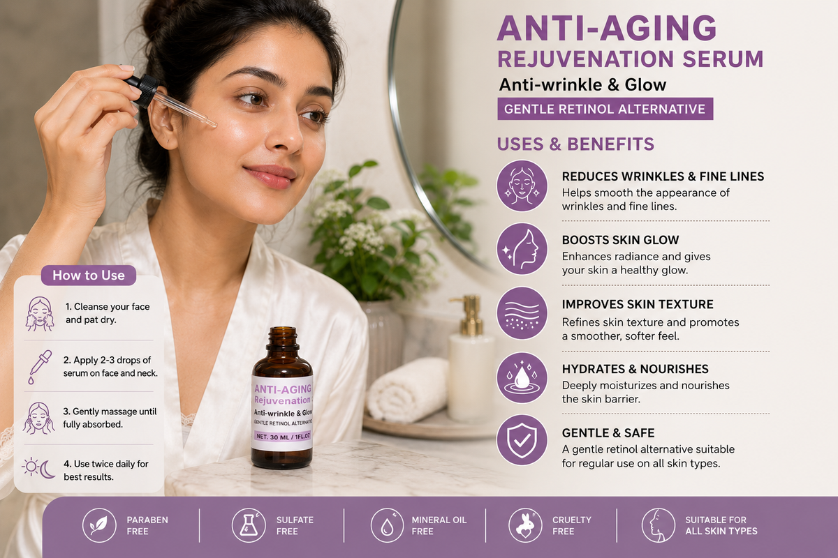 Dropdash Anti-Aging Retinol Rejuvenation Serum bottle with 30ml size, designed to reduce wrinkles and enhance glow.