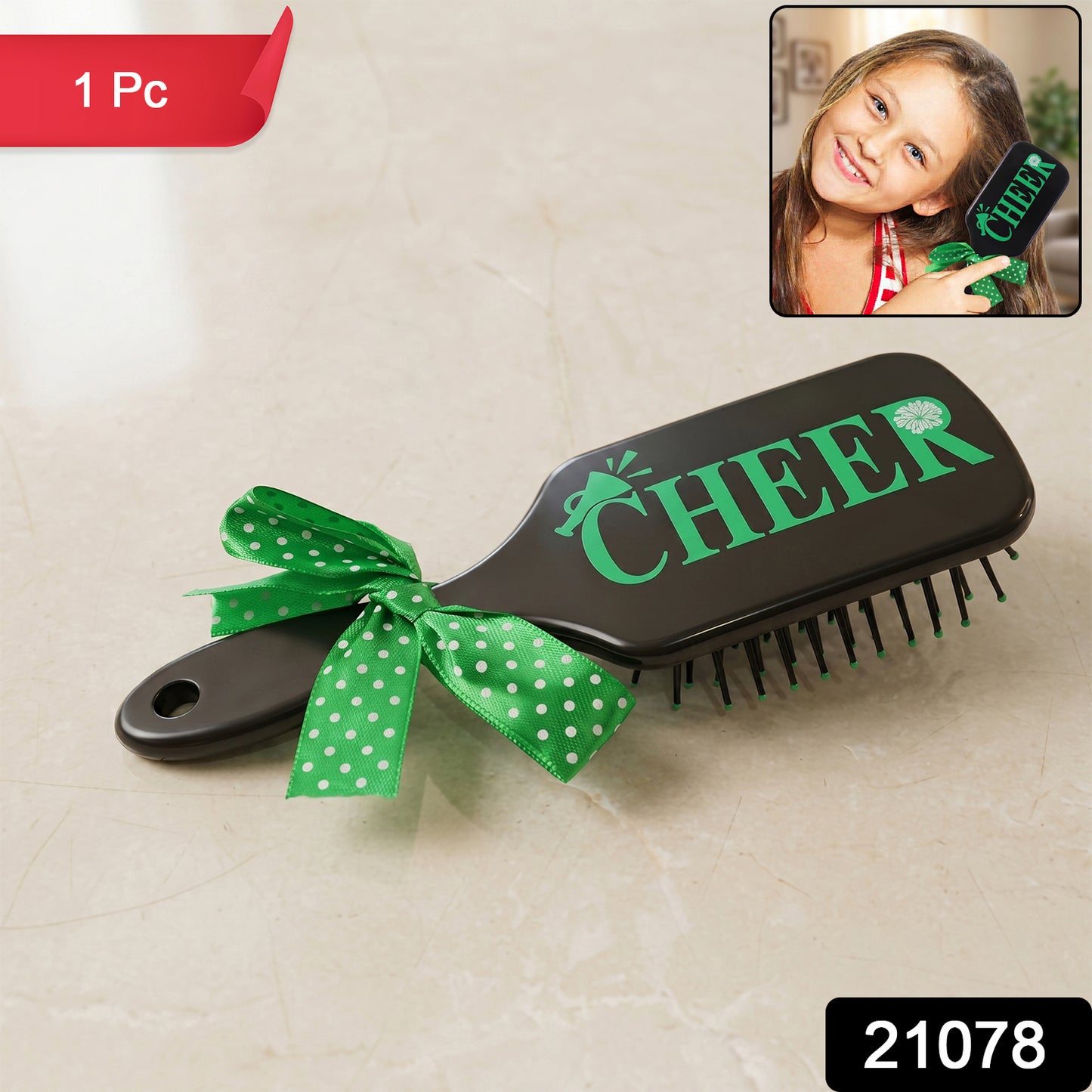 Kids Printed Hair Brush With Cute Ribbon Bow Handle Detangling Hair Comb (1 Pc)