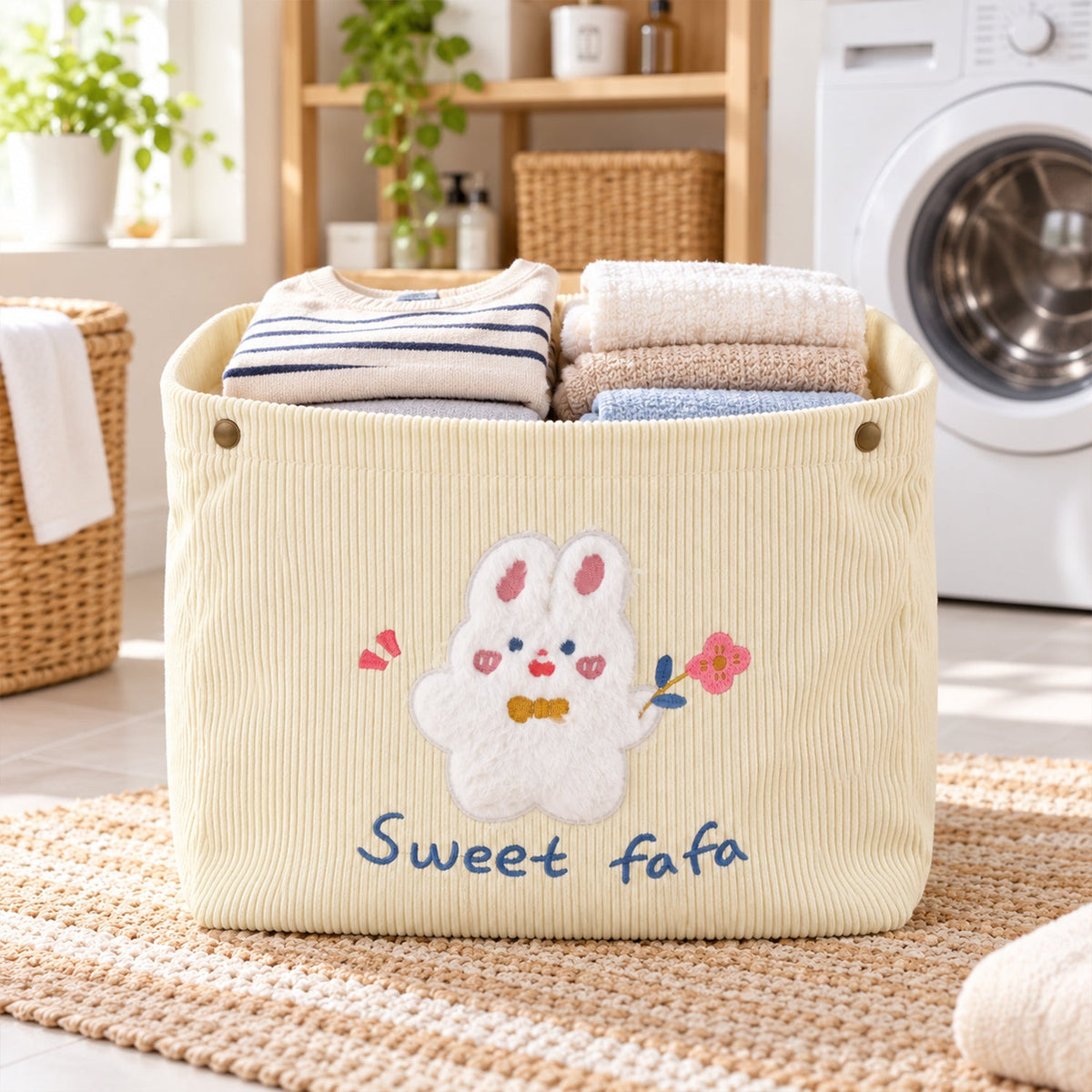 Wukusy foldable fabric storage basket with snap closure, used for toys, clothes, or home organization, shown in a home setting