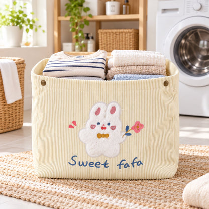 Wukusy foldable fabric storage basket with snap closure, used for toys, clothes, or home organization, shown in a home setting