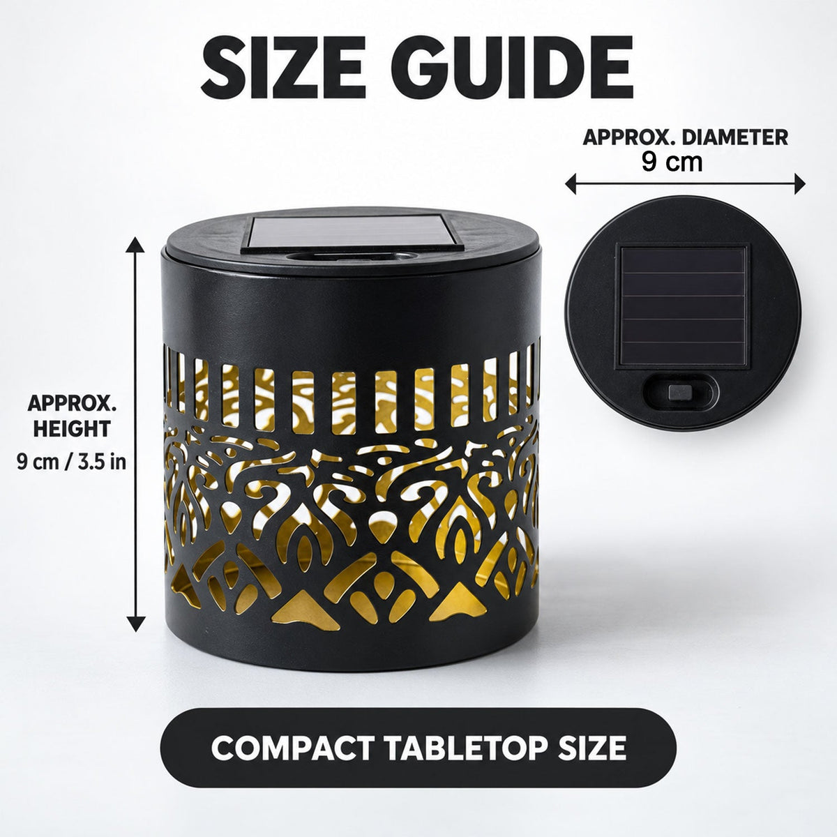 Wukusy decorative solar LED lamp with intricate mandala pattern for patio and garden lighting, illuminated at dusk.