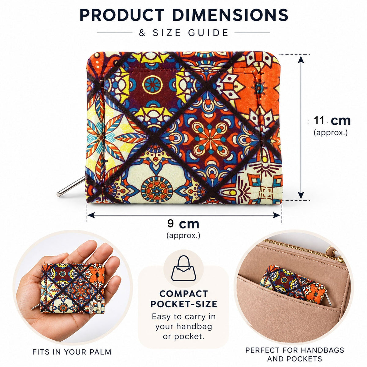 Wukusy Patola style printed clutch wallet with zip closure, compact design, 9x11 cm, featuring vibrant traditional pattern.