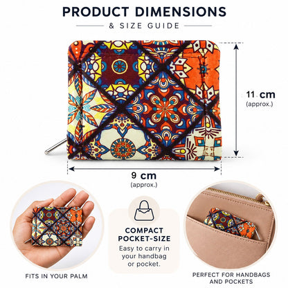 Wukusy Patola style printed clutch wallet with zip closure, compact design, 9x11 cm, featuring vibrant traditional pattern.