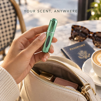 Set of four Wukusy mini refillable perfume spray bottles with refill valves, ideal for travel and on-the-go fragrance application.