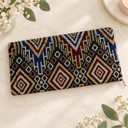 Wukusy traditional geometric woven clutch wallet with zipper, 25x12 cm, featuring colorful woven patterns and a compact design