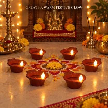 Set of six flameless LED Diyas with water sensors for Diwali and Pooja decoration by Wukusy, featuring glowing, realistic candle designs.