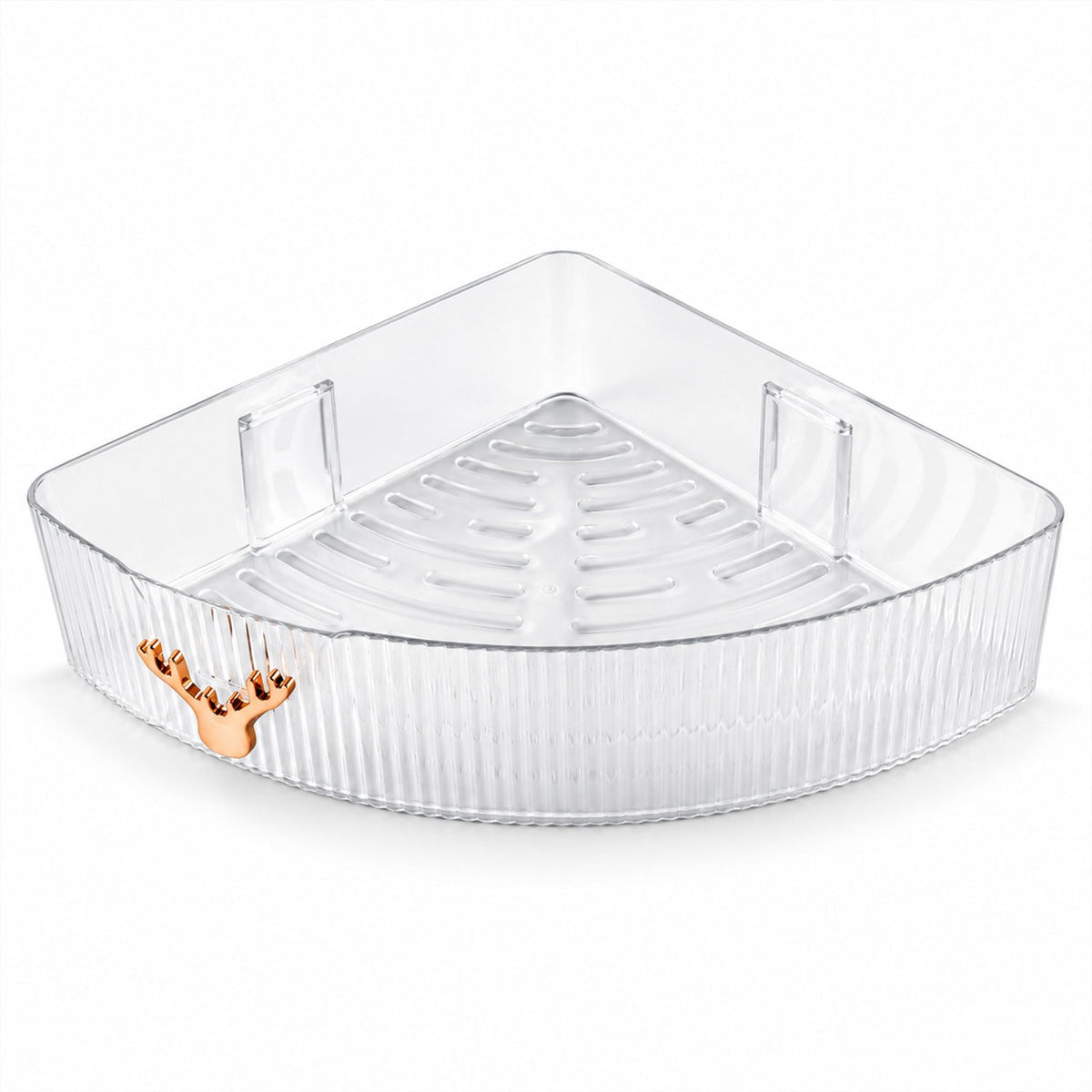 Wukusy Apex transparent corner rack with adhesive mounts for bathroom storage, featuring clear plastic shelves and wall attachment.