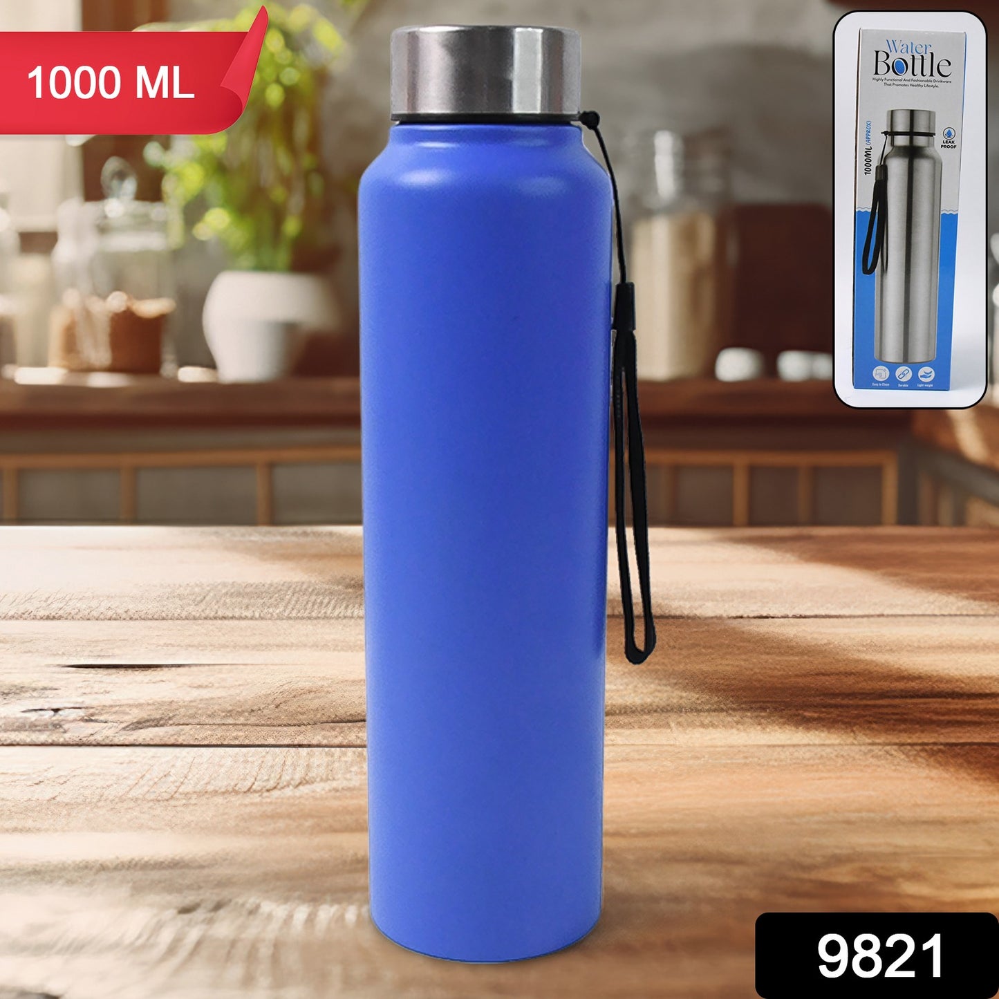 Stainless steel Wukusy 1000 ml water bottle with a sleek, insulated design and screw-on lid, suitable for hot and cold beverages.
