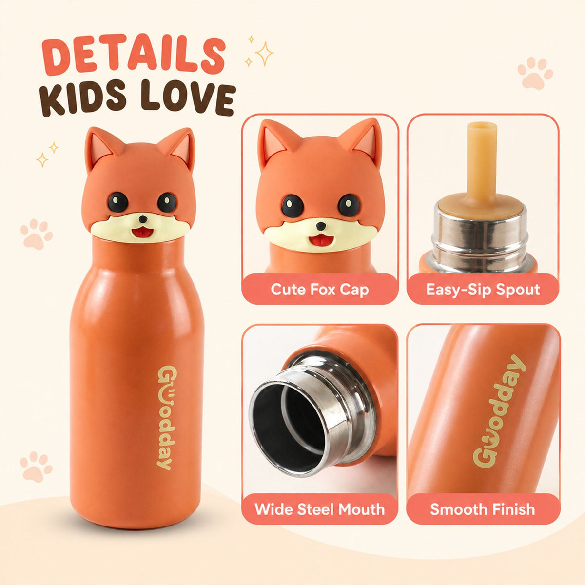 Kids Stainless Steel Vacuum Water Bottle With Cute Fox Cap And Straw For School