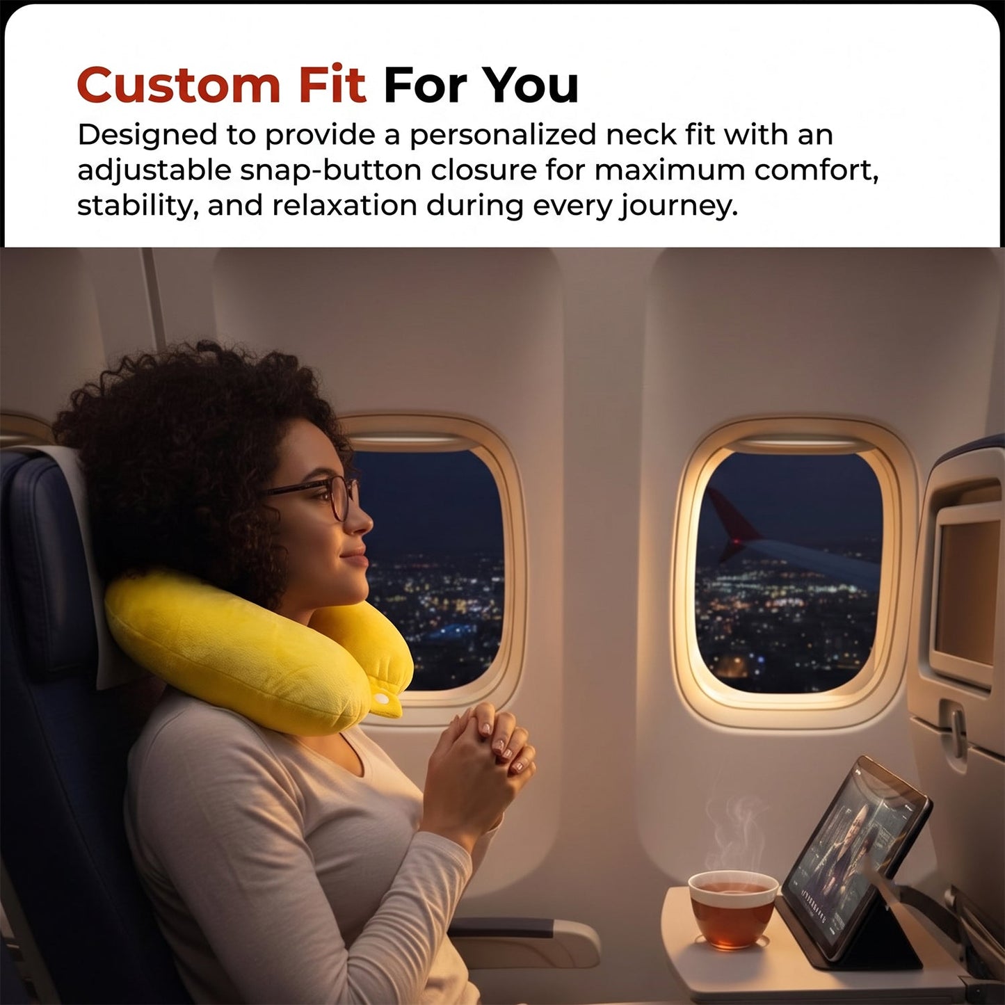 Wukusy soft U-shaped travel pillow for neck and head support, ideal for flights, in a light color with plush fabric.
