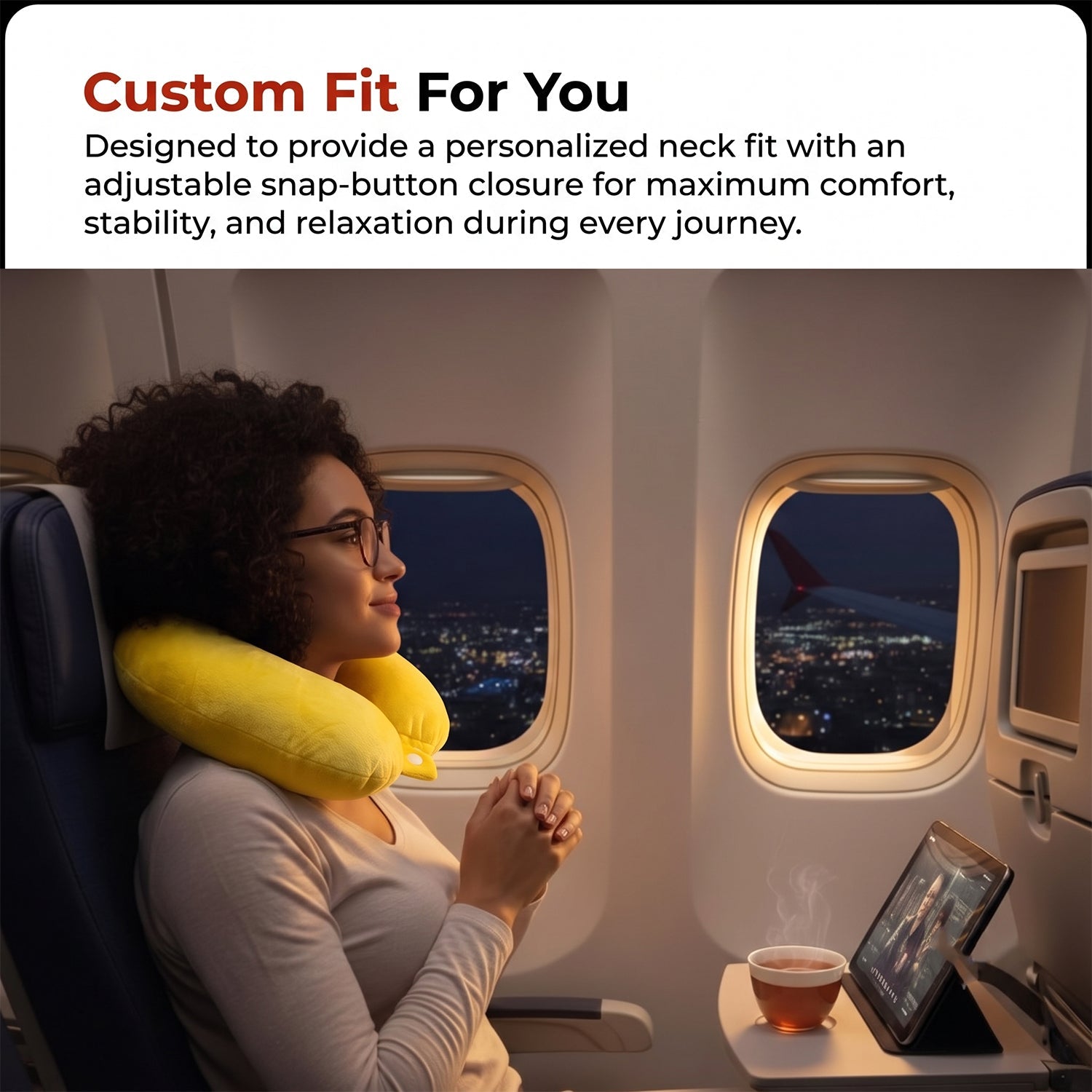 Wukusy soft U-shaped travel pillow for neck and head support, ideal for flights, in a light color with plush fabric.