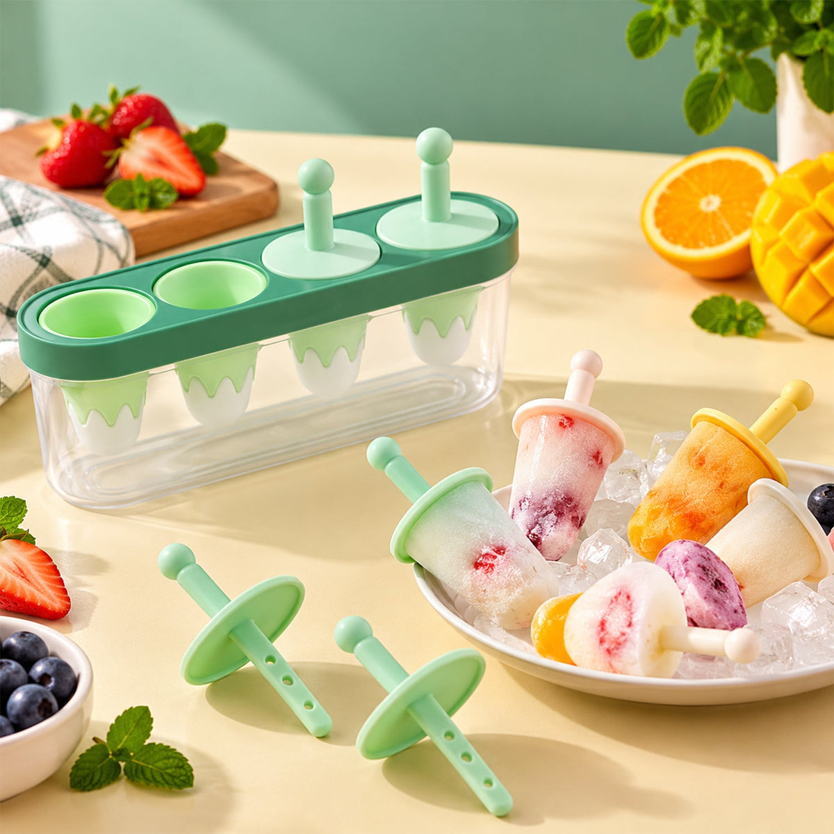 Wukusy ice cream candy popsicle maker with four molds, reusable sticks, and a container for homemade frozen treats.