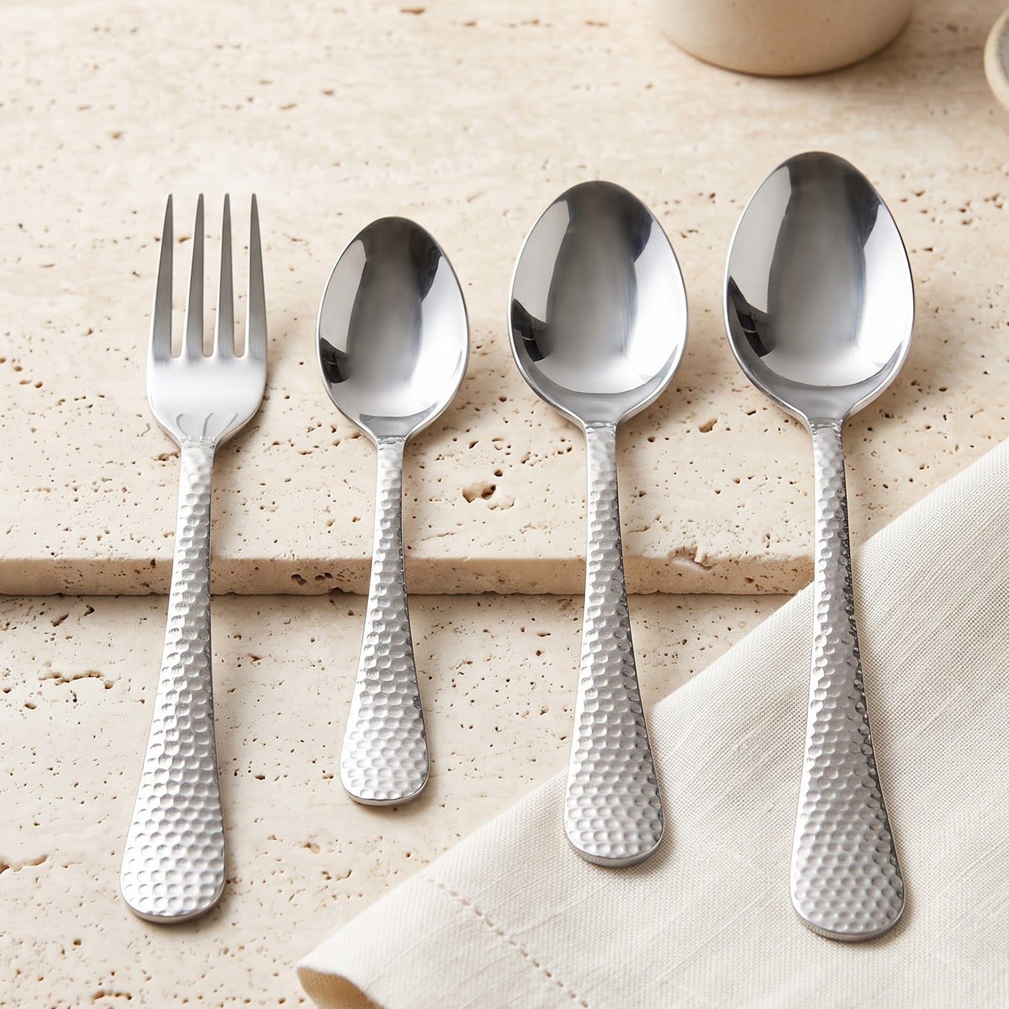 Apex Stainless Steel Cutlery Set 24 Pc With Wooden Stand Hammered (24 Pc)