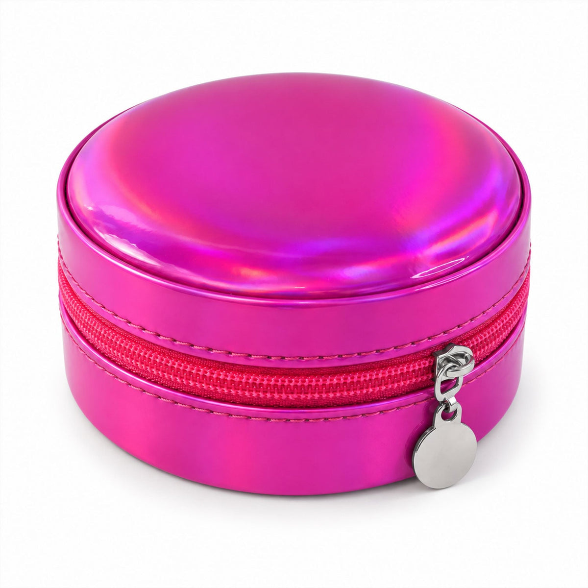 Wukusy round jewelry organizer box with ring rolls and zip closure, ideal for travel storage of rings and small jewelry pieces.