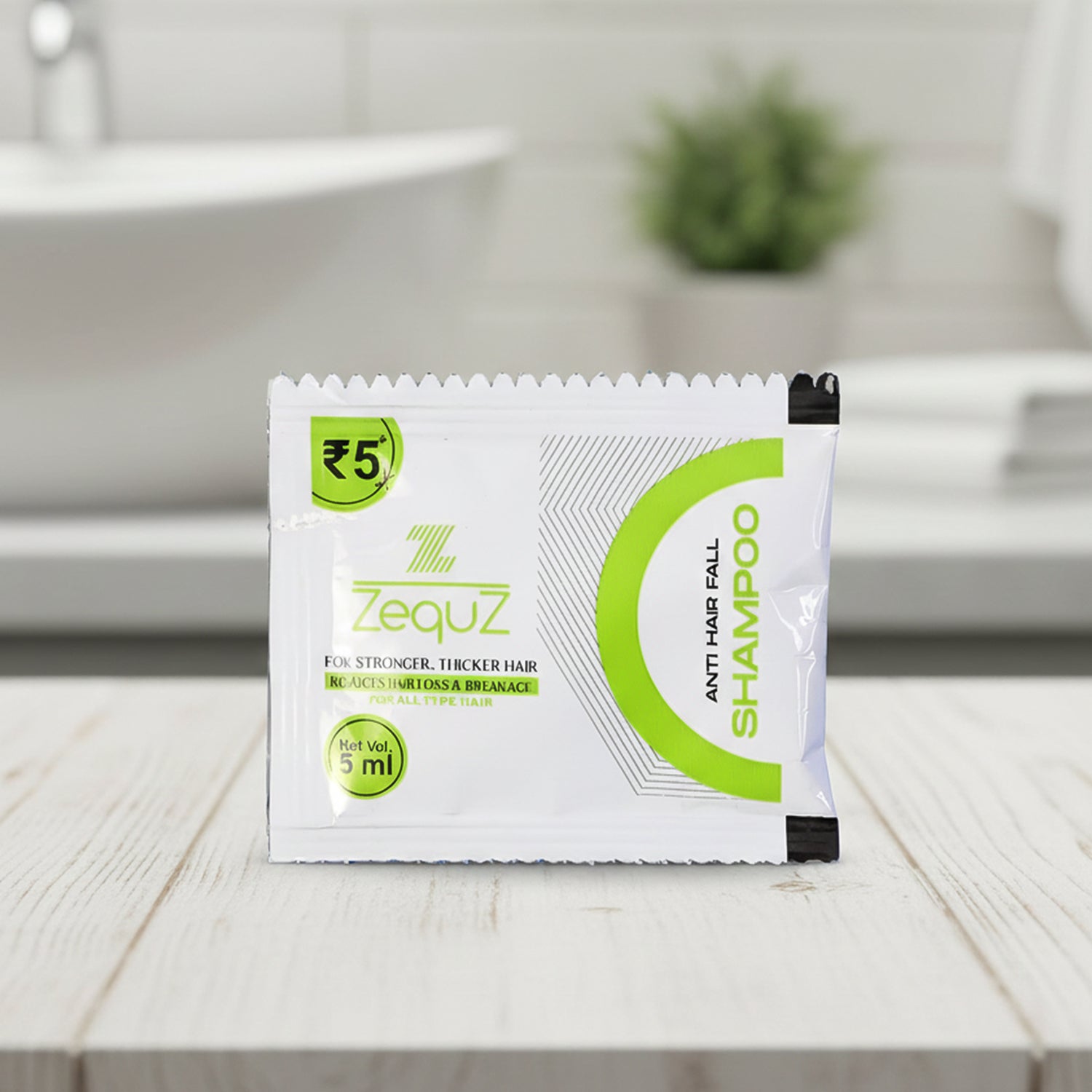 Wukusy Zequz Anti-hair Fall Strengthening Shampoo sachet 5ml, single-use packet with clear branding and product details visible.