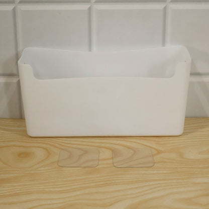 Wukusy adhesive wall mount storage box for kitchen and bathroom, showing white plastic container on tiled wall for organization.