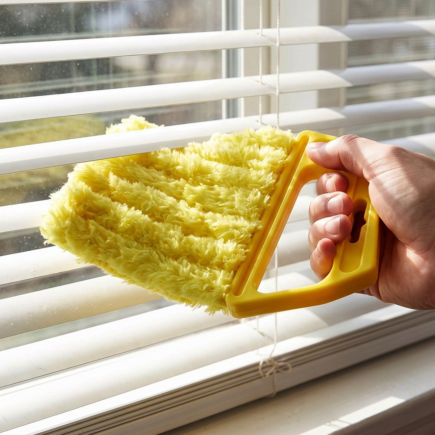 Wukusy microfiber blind cleaner duster brush for window blinds and AC vents, showing the soft, effective cleaning tool in use.