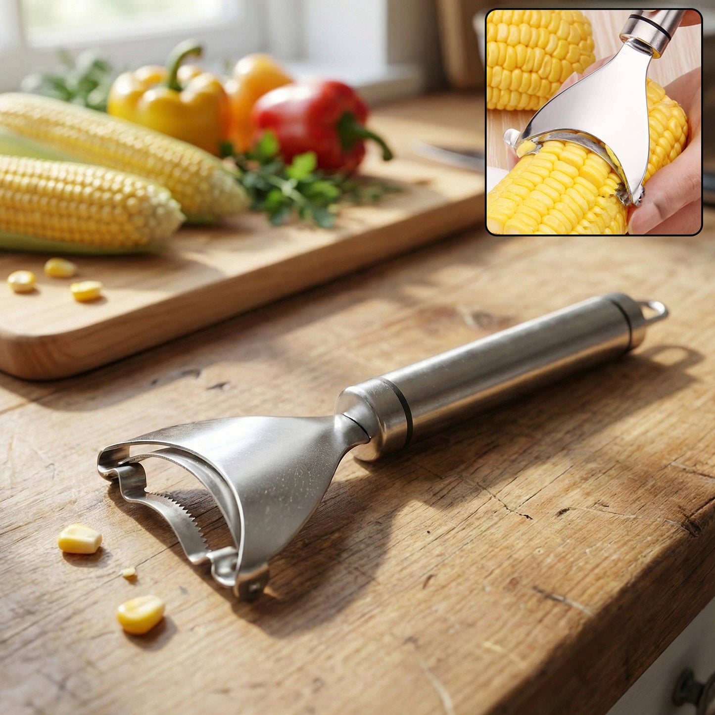 Wukusy stainless steel fruit and vegetable peeler with serrated blade, showing the sharp blade and ergonomic handle.