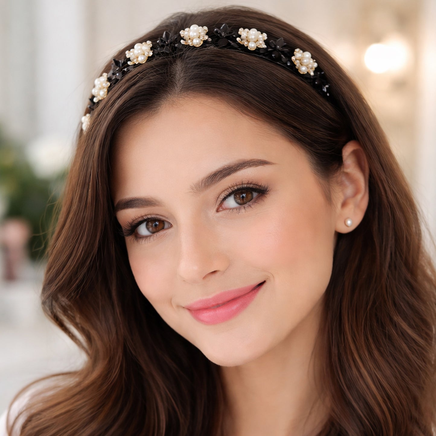 Stylish Pearl Embellished Floral Hairband For Girls  Women (1 Pc)