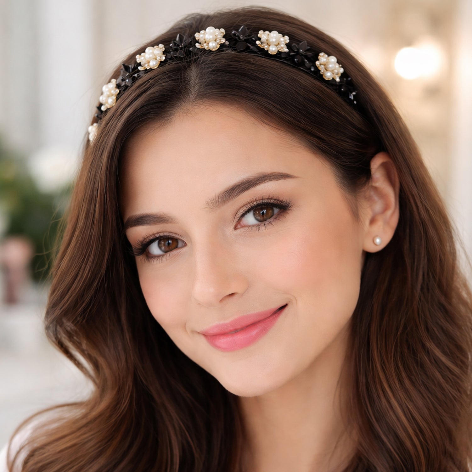 Stylish Pearl Embellished Floral Hairband For Girls  Women (1 Pc)