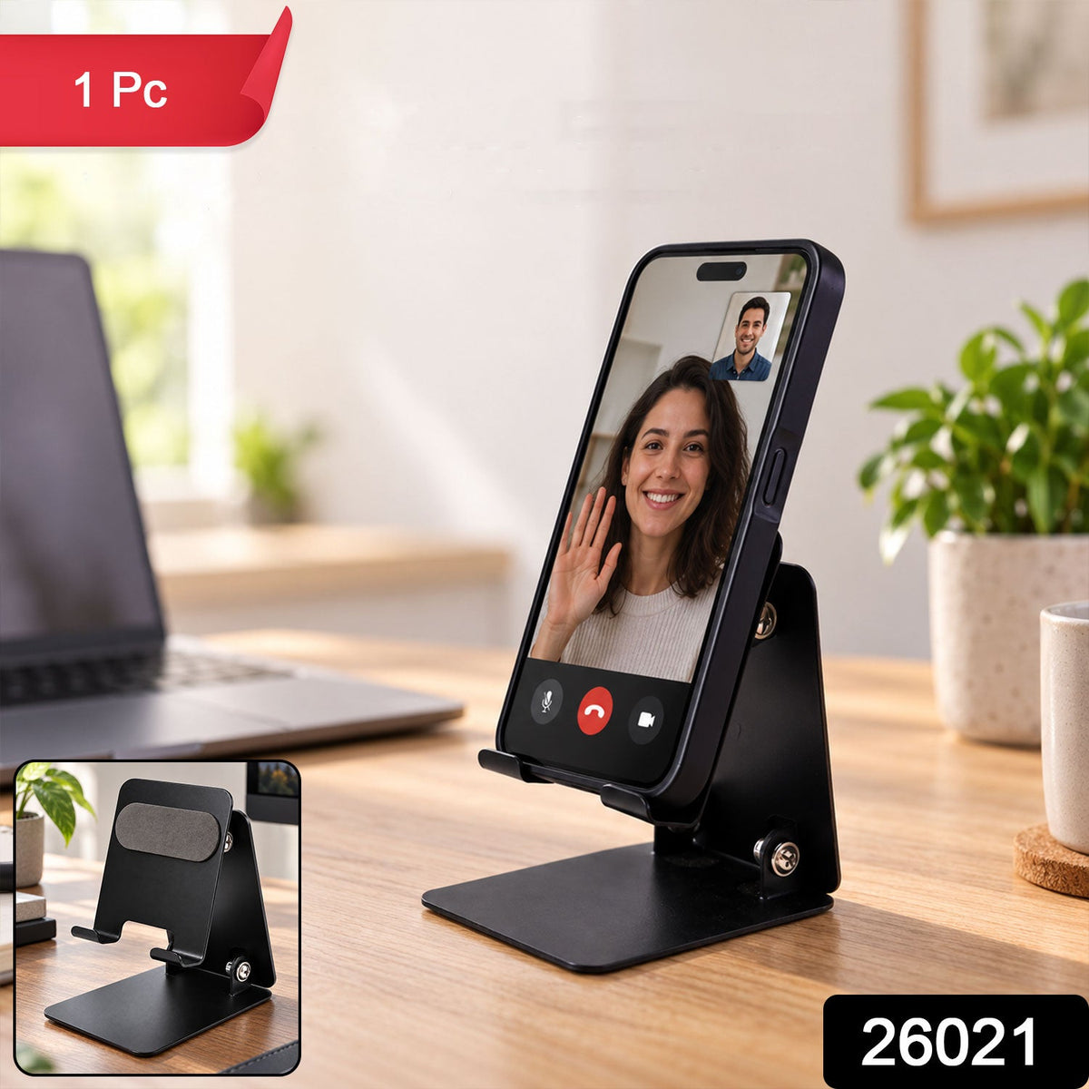 Wukusy foldable metal mobile phone stand with adjustable angle on a desk, designed for hands-free use and easy portability