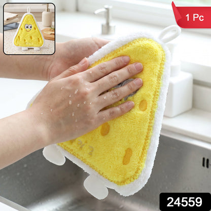 Wukusy cartoon microfiber hanging hand towel with quick-dry kitchen wipe cloth hanging on a hook, colorful and soft fabric.