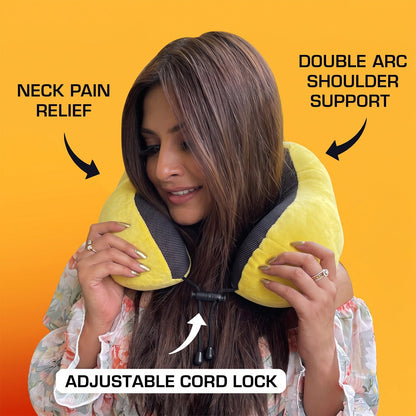 U Shaped Soft Neck Pillow Yellow Plush Travel Pillow With Drawstring (1 Pc)