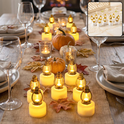 Set of 12 Wukusy golden lantern LED decorative candle lamps for home and Diwali decor, with warm glowing light.