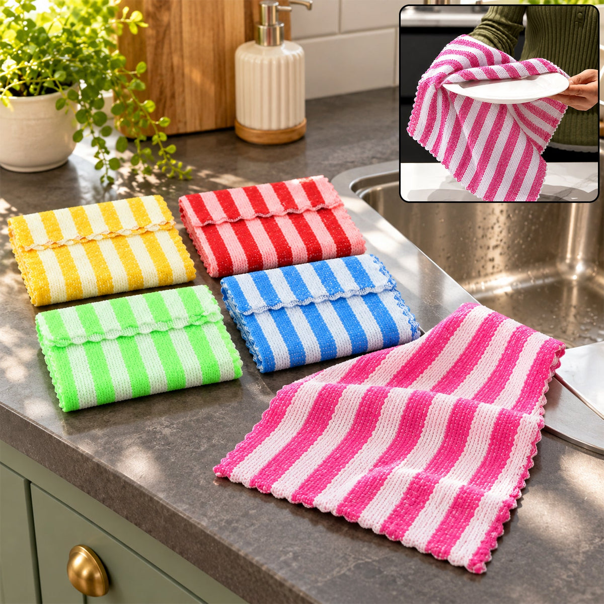 Set of five Wukusy striped microfiber kitchen cleaning cloths, 28x28 cm, ideal for home cleaning and dishwashing.