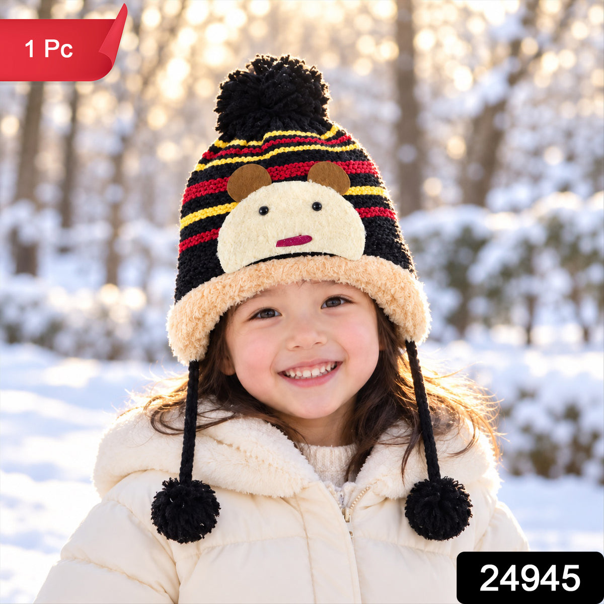 Kids Warm Knitted Winter Caps With Plush Lining And Cartoon Detail (1 Pc)
