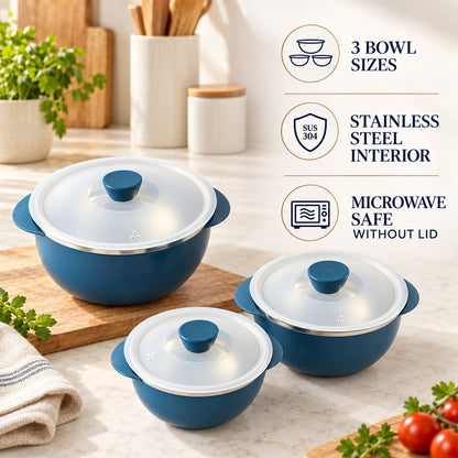 Wukusy Apex hot and serve serving bowl set with lids, steel inner casseroles, 3-piece stainless steel kitchen storage containers