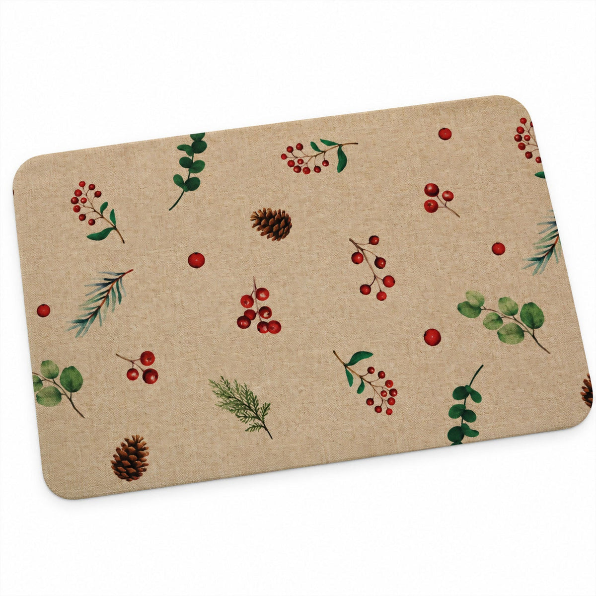 Wukusy botanical berry print bath mat with linen look, anti-slip floor rug, 57x38 cm, showing textured fabric and vibrant berry pattern.