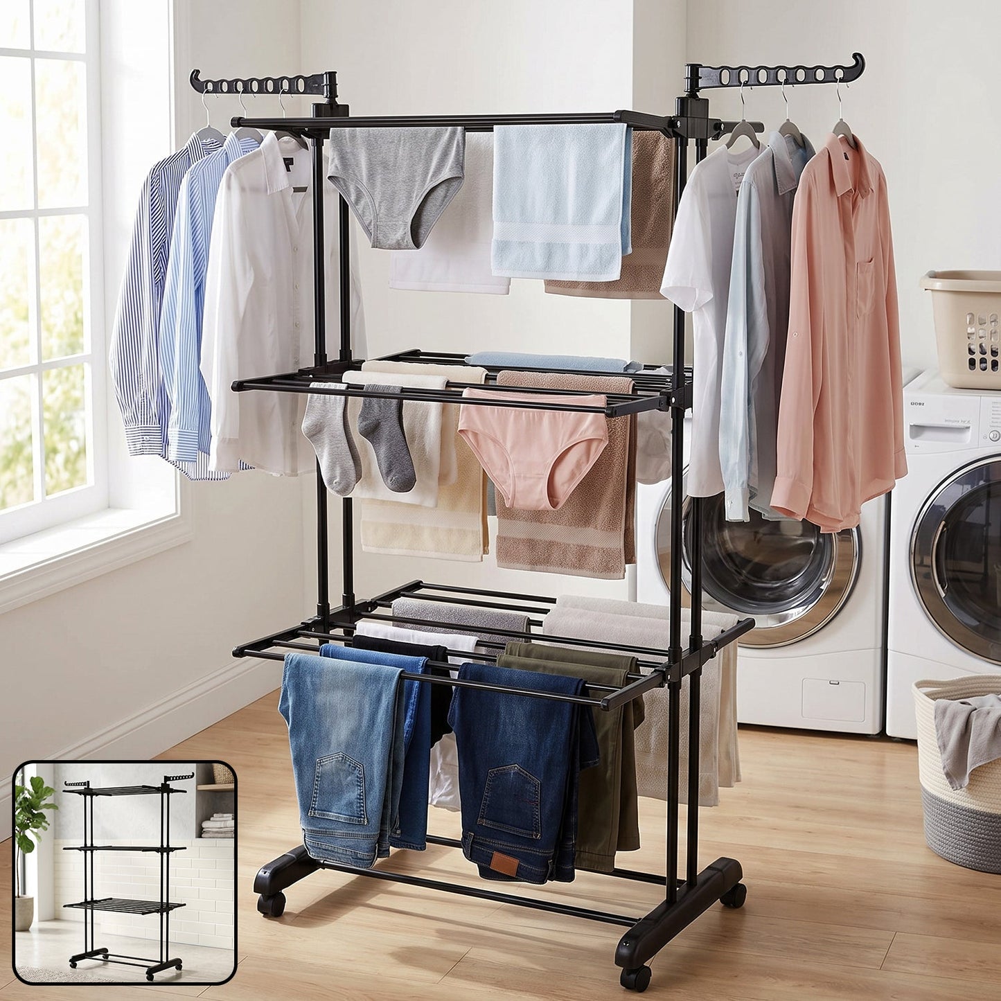 Metal Expandable Garment Rack 3 Layer Cloth Drying Stand With Wheels (1 Pc)