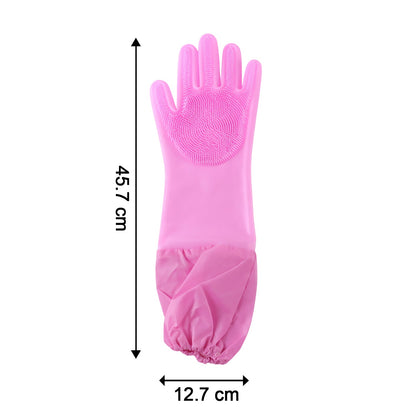 Long Cuff Silicone Scrubber Cleaning Gloves For Kitchen And Home Use (1 Pair Set)