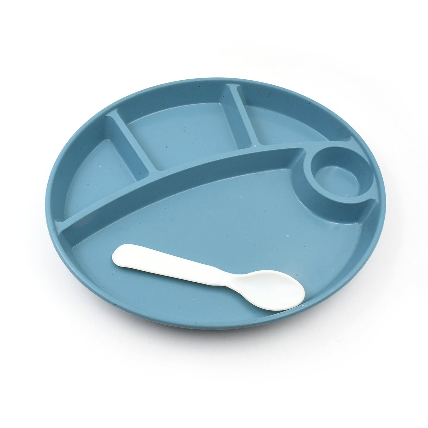 Wukusy 5577 plastic biodegradable food plate with 5 compartments, spoon, designed for snacks, desserts, and outdoor camping, BPA-free