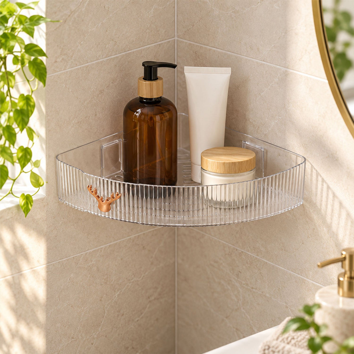 Wukusy Apex transparent corner rack with adhesive mounts for bathroom storage, shown installed in a bathroom corner.