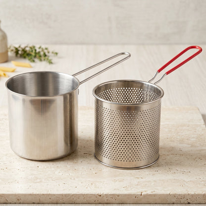 Wukusy stainless steel deep frying pot with strainer basket set for kitchen cooking, featuring sturdy handles and metal lid.